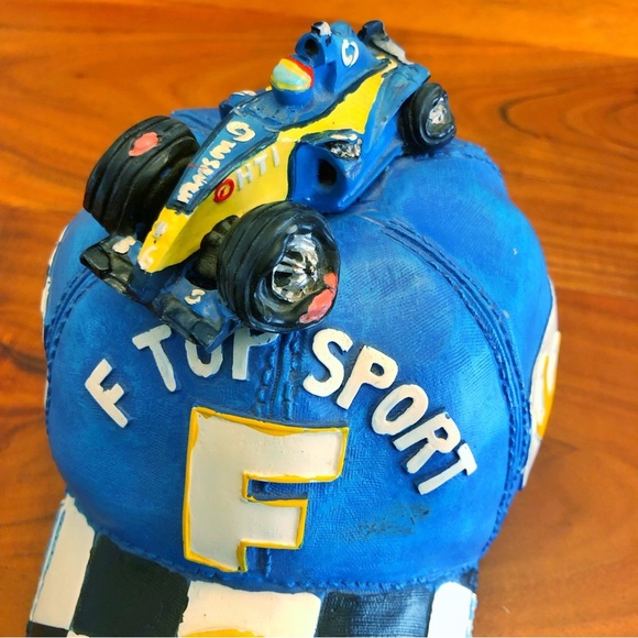 Vintage Rear F1 Car On Top Blue Cap with Black & White Checkered Coin Piggy Tank - Picture 8 of 12